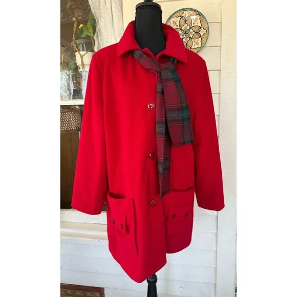Vintage 80's Veloura Fleece Red Womens Jackect Coat With Scarf Sz 12 - Picture 10 of 14